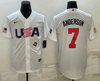 Men%27s USA Baseball #7 Tim Anderson 2023 White World Baseball Classic Stitched Jersey